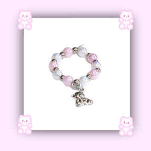 Pink & White Faux Pearl Charm Bracelet w/Silver Teddy Bear Charm!