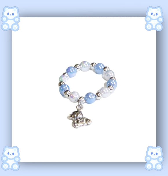 Blue & White Faux Pearl Charm Bracelet w/Silver Teddy Bear Charm!