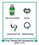 Frog Themed bottle, pacifier paci clip and beaded bracelet for reborn & silicone baby dolls 