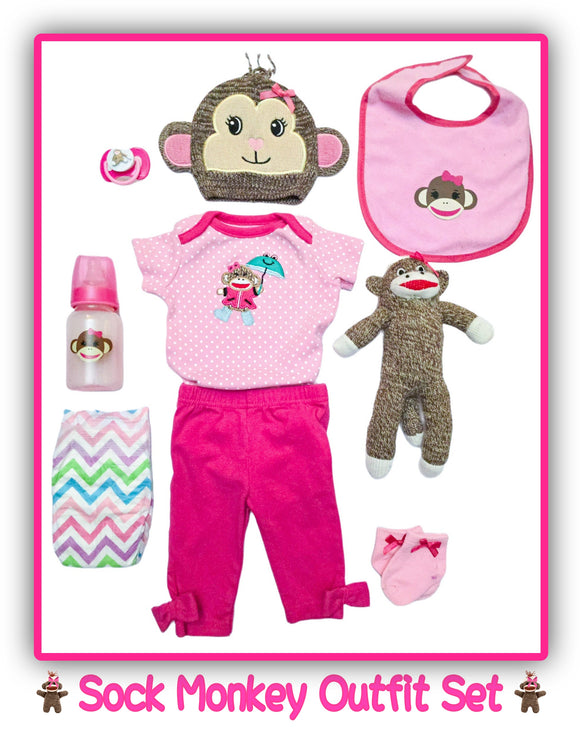 0-3 Sock Monkey Themed Outfit w/Matching Accessories Gift Set For Reborns & Silicone Baby Dolls