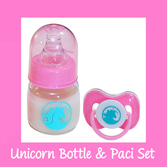 Ponk & mint green Unicorn Themed reborn or silicone Bottle & Pacifier Set. Reborn accessories. 