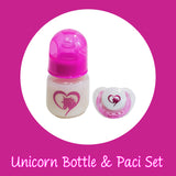 Pink Unicorn Themed reborn or silicone bottle & Pacifier Set. Reborn accessories. 