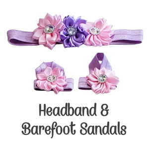 Lavender & Light Pink Satin Flower Bow Headband With Matching Barefoot Sandals Set!