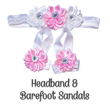 Light Pink & White Satin Flower Bow Headband With Matching Barefoot Sandals Set!