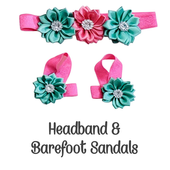 Hot Pink & Mint Green Satin Flower Bow Headband With Matching Barefoot Sandals Set!