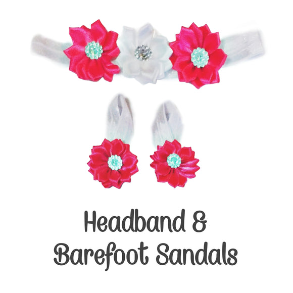 Hot Pink & White Satin Flower Bow Headband With Matching Barefoot Sandals Set - Preemie To Toddler Size!