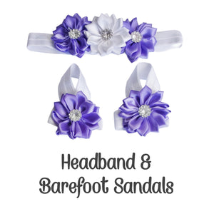 Lavender & White Satin Flower Bow Headband With Matching Barefoot Sandals Set!