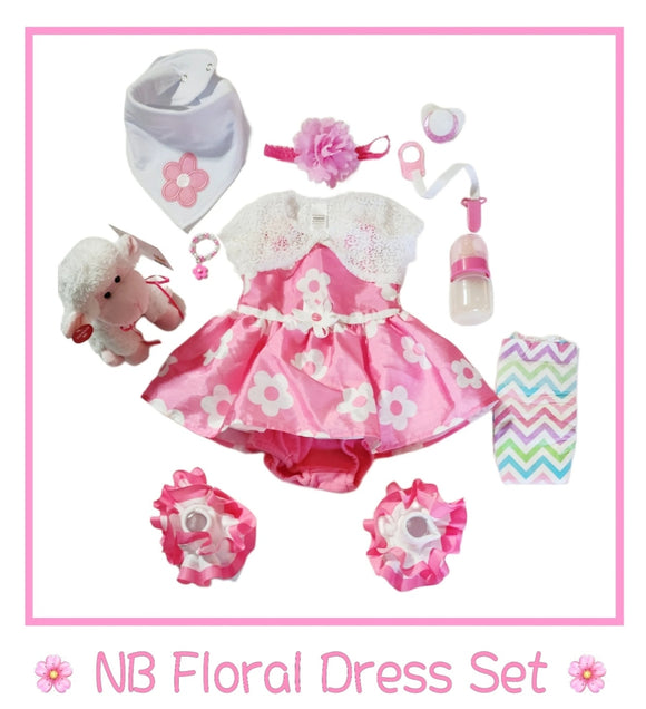 NB Floral Dress w/Matching Accessories Set For Reborns & Silicone Baby Dolls