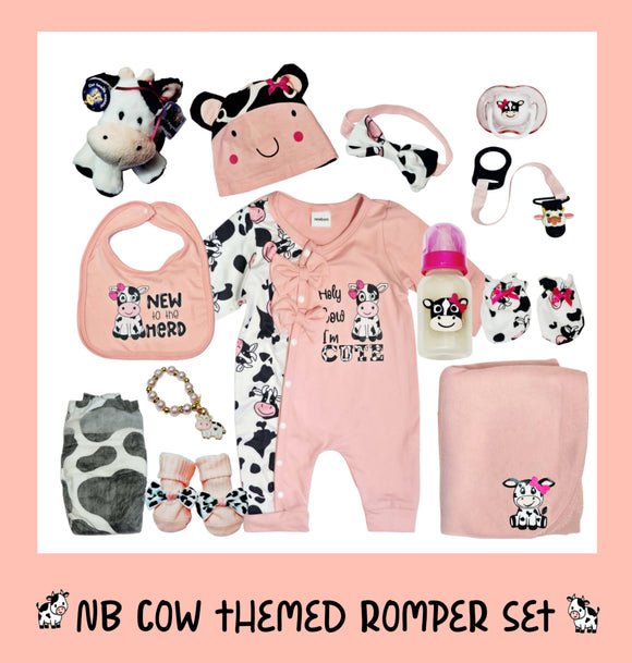 NB Cow Themed Romper w/Matching Accessories Set For Reborns & Silicone Baby Dolls