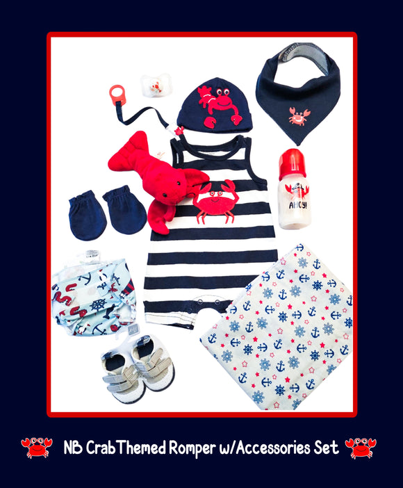 NB Crab Themed Romper Outfit w/Matching Accessories Set